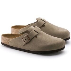 Birkenstock Boston taupe suede mule clogs